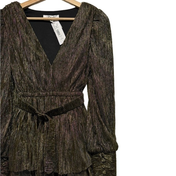 NWT JEWEL BADGLEY MISCHKA Tiered Pleated Metallic Midi Dress Gold Dark Grey 0 - Picture 9 of 12